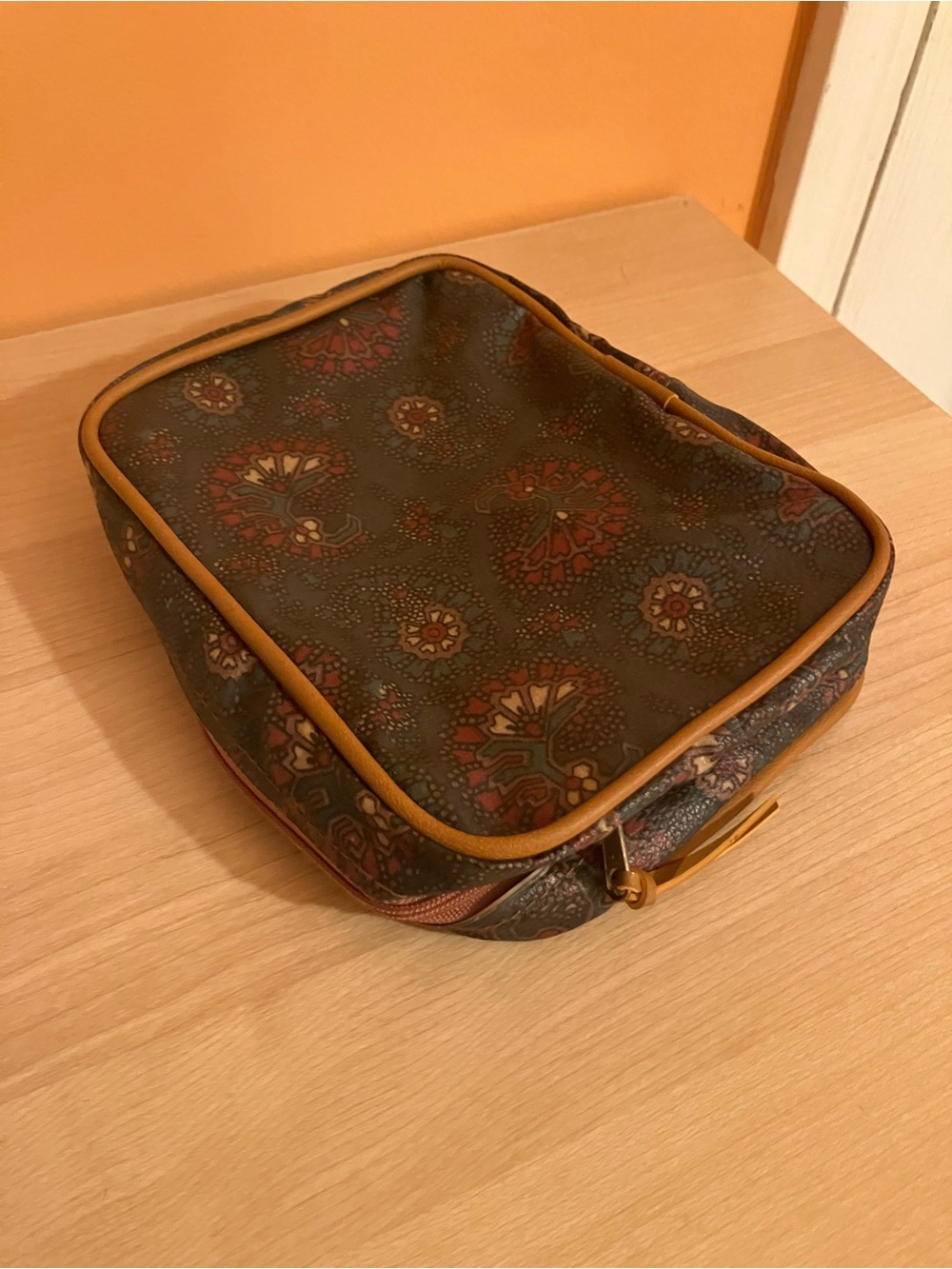 Patterned Travel Toiletry Bag in Olive with Tan Trim